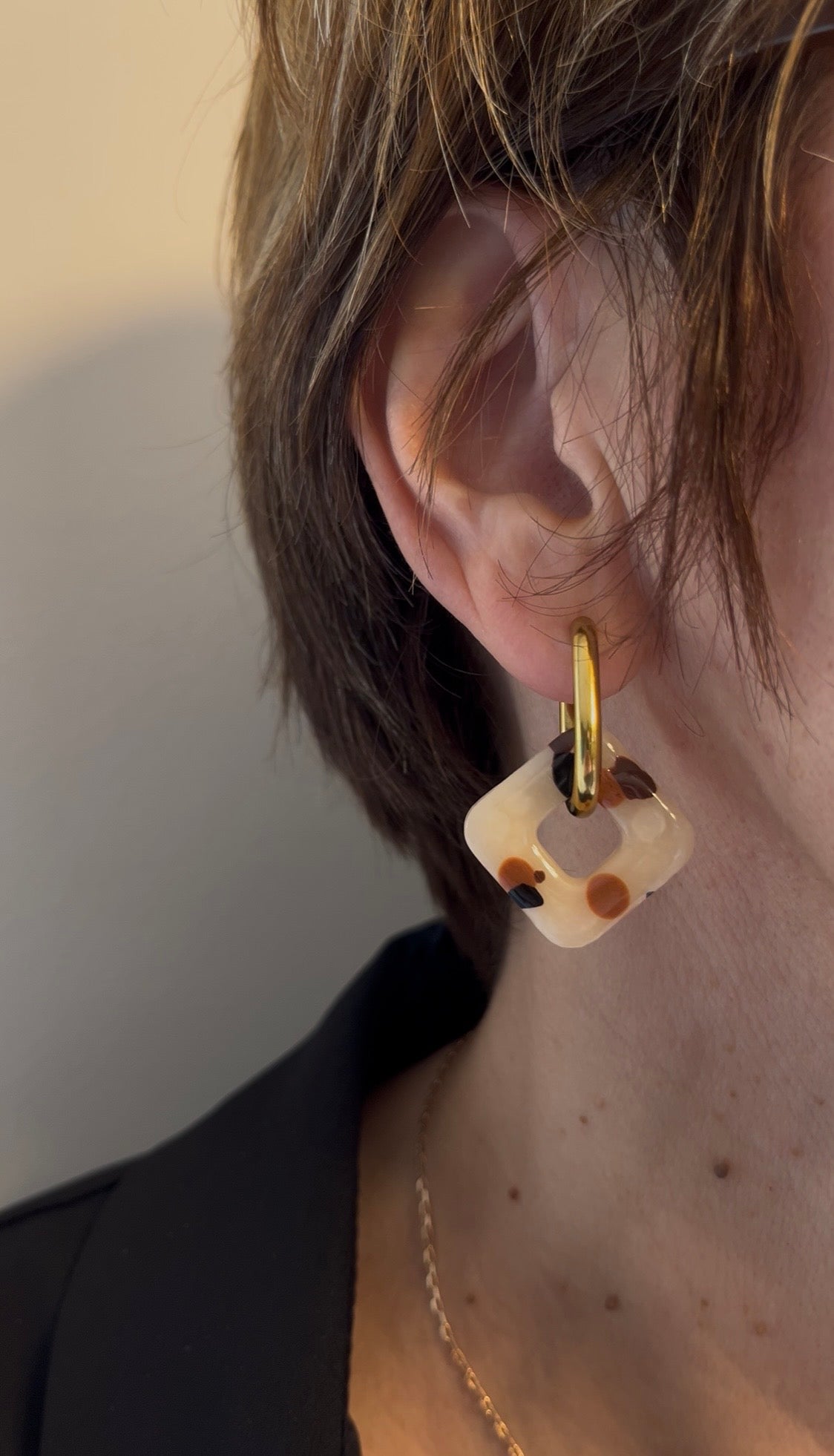 Pampilles carrées - Blanc moucheté marron & noir