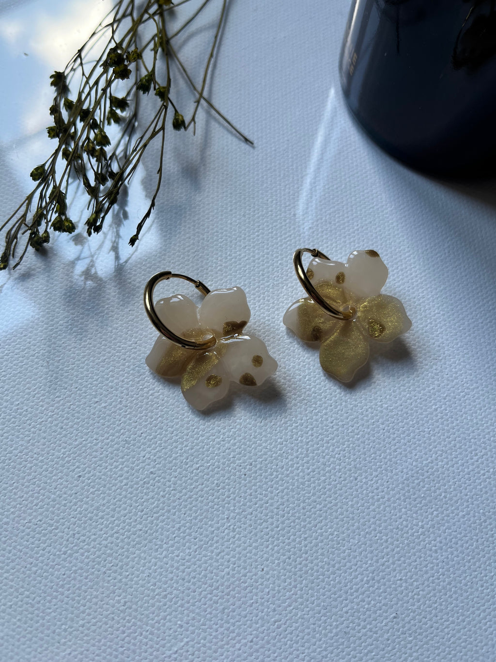 Pampilles fleurs - Blanc & or & moucheté or