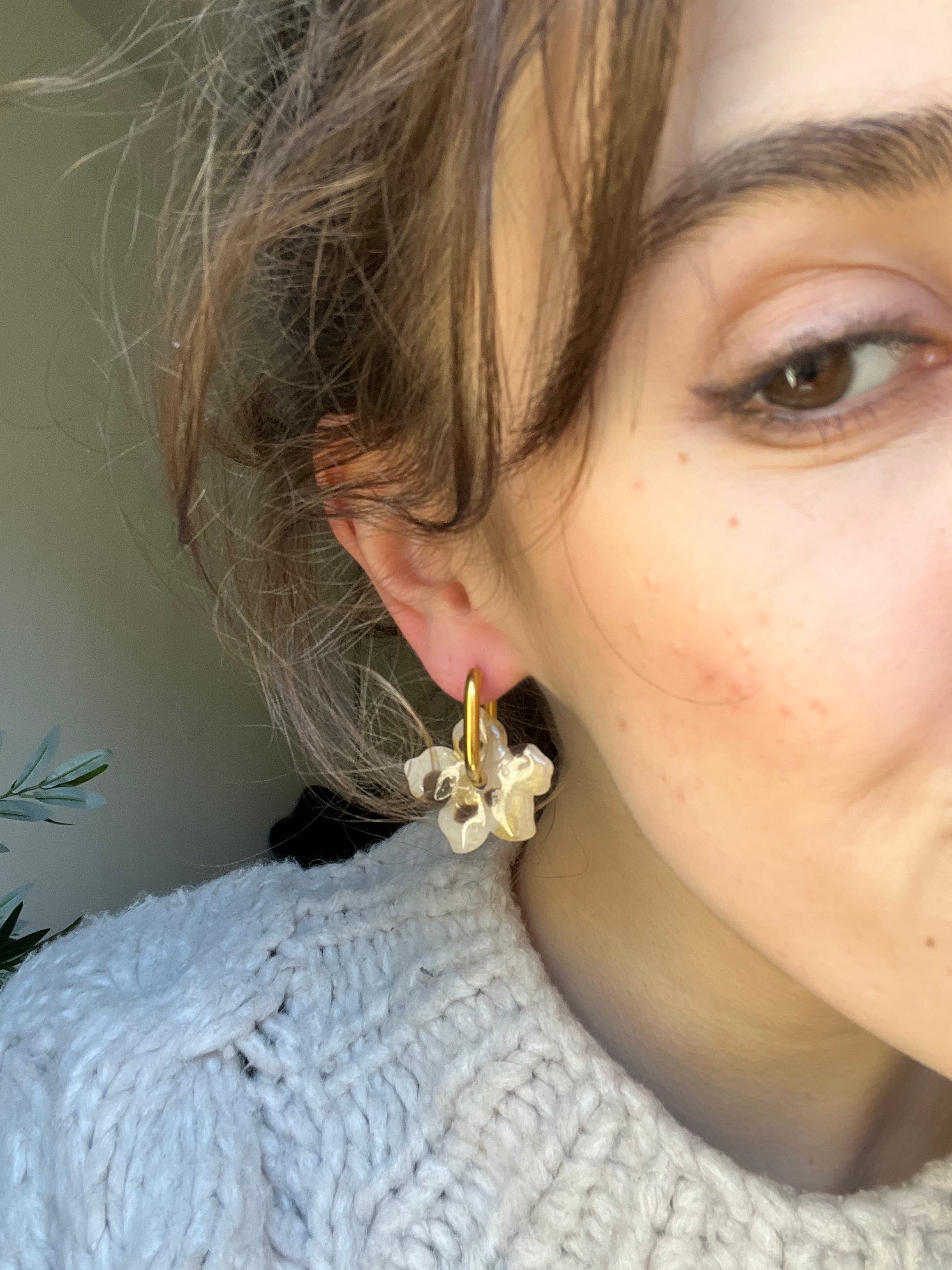 Pampilles fleurs - Blanc moucheté or & marron