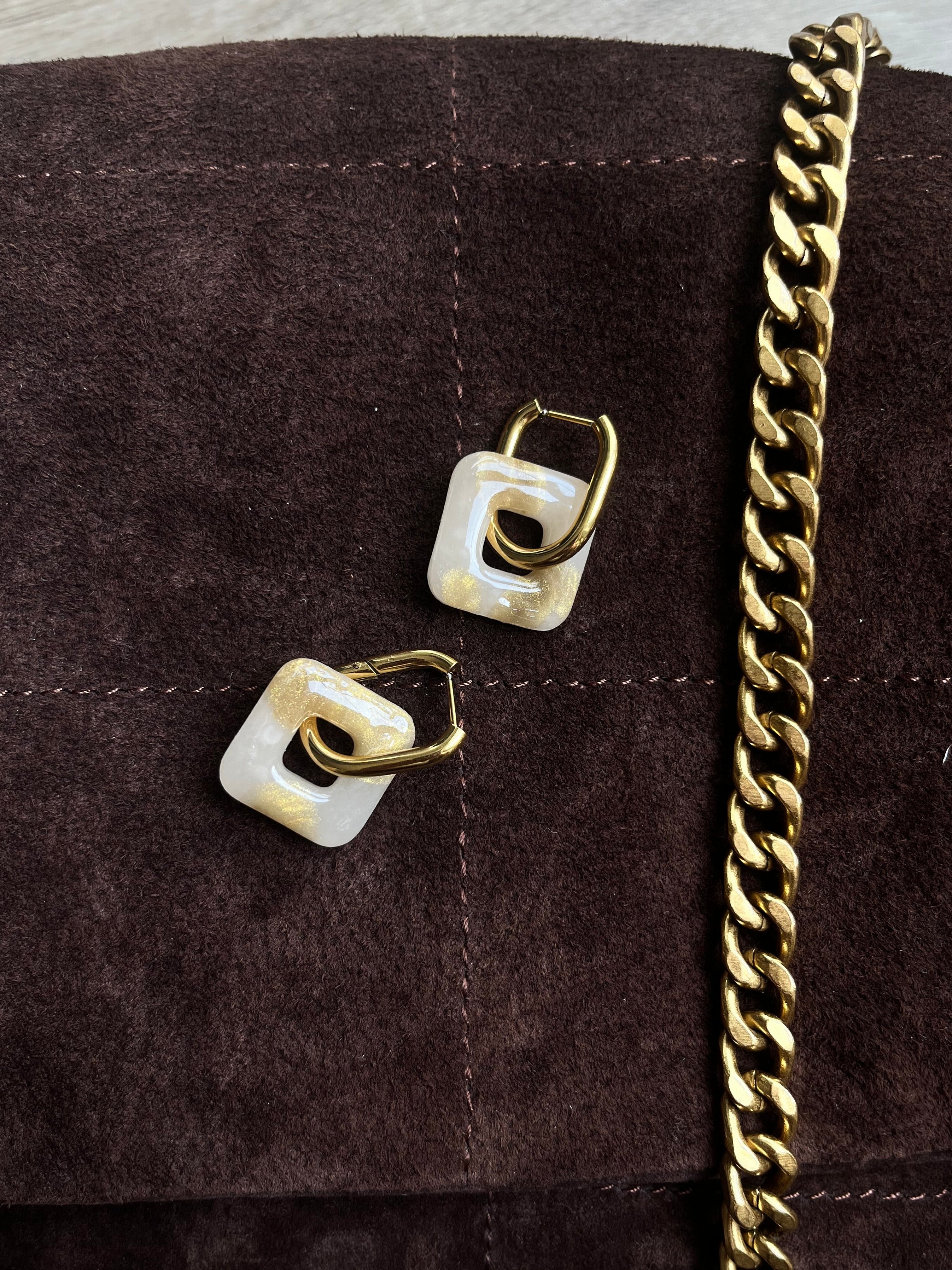 Pampilles carrées - Blanc moucheté or