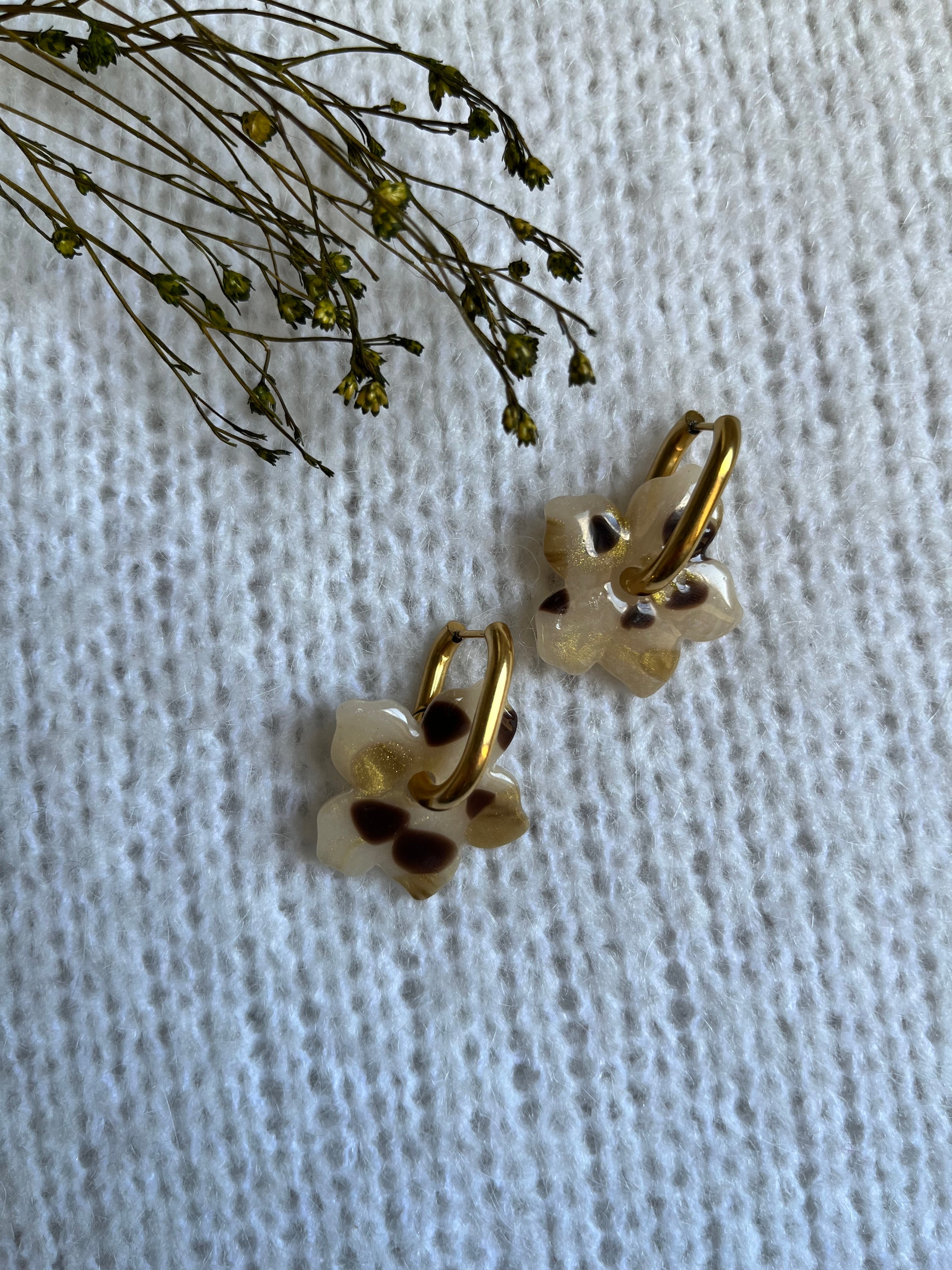 Pampilles fleurs - Blanc moucheté or & marron