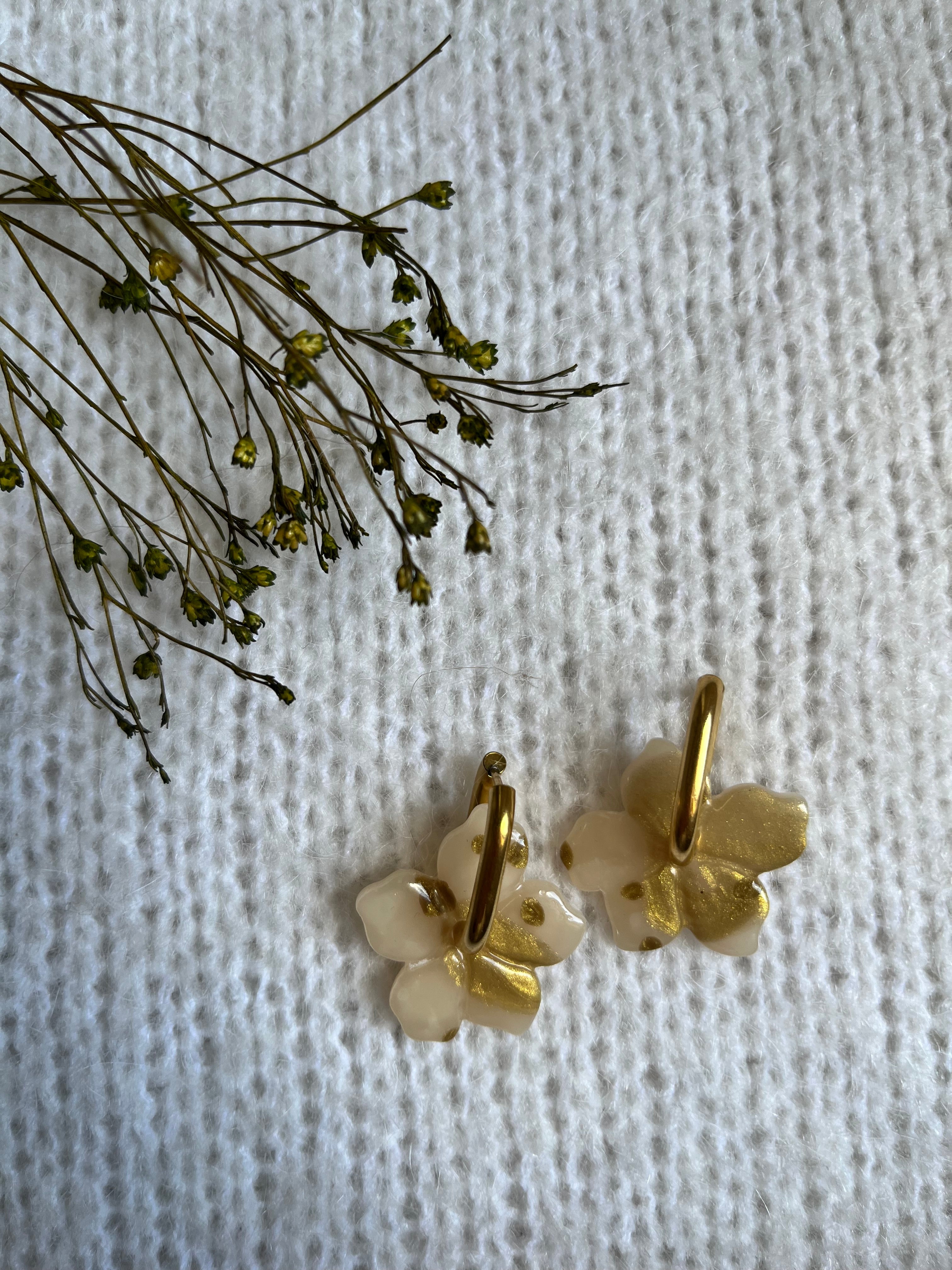 Pampilles fleurs - Blanc & or & moucheté or