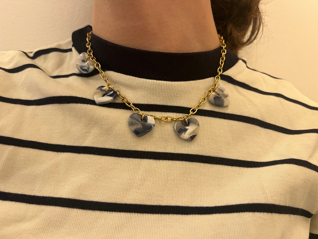 Collier charms cœurs bleu & blanc