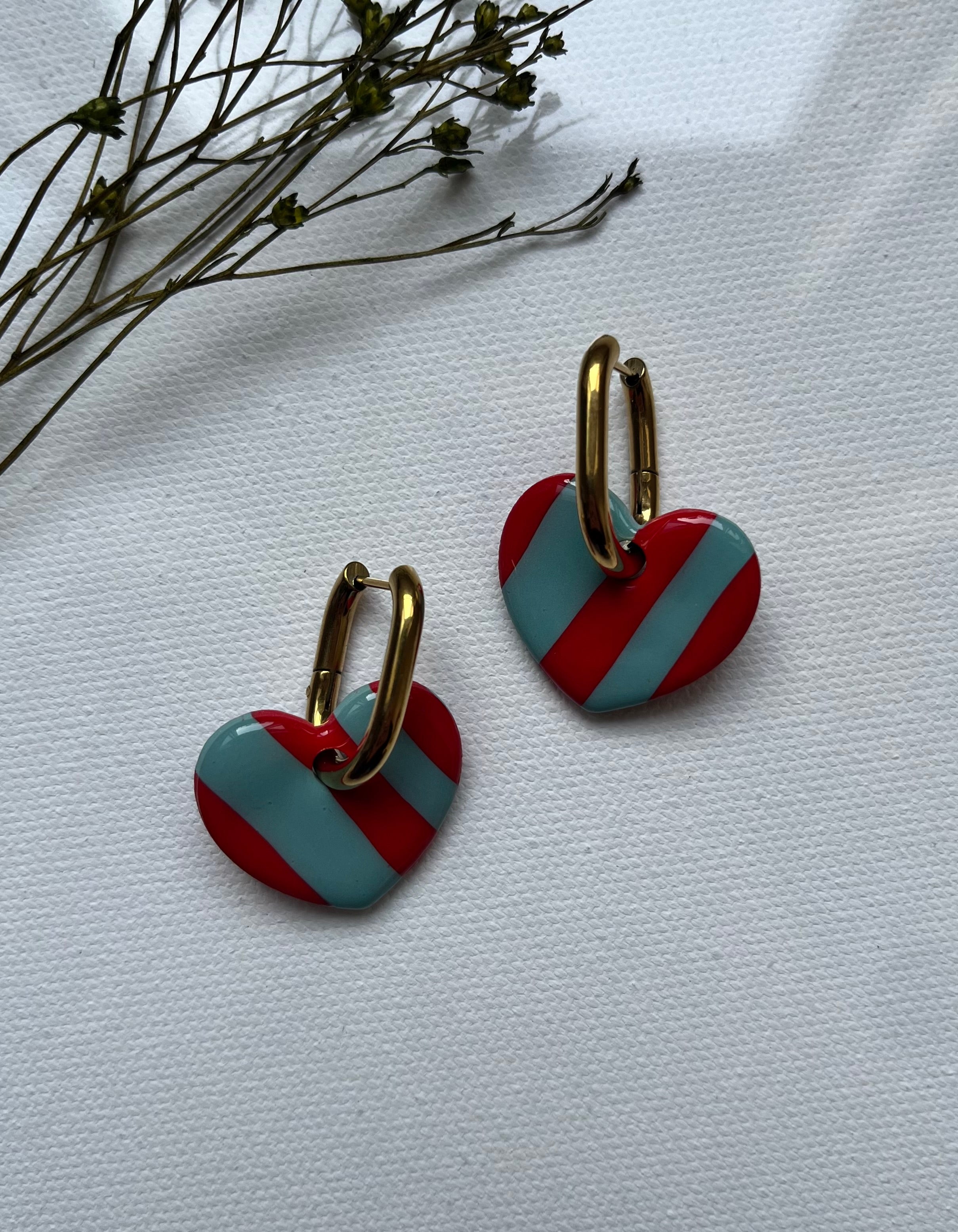 Pampilles cœurs rayés rouge & bleu